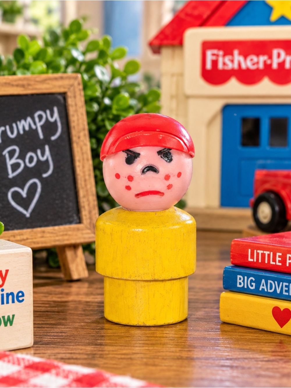 Vintage Fisher Price Little People ERWP Grumpy Boy Wood Body Red Cap 1970s